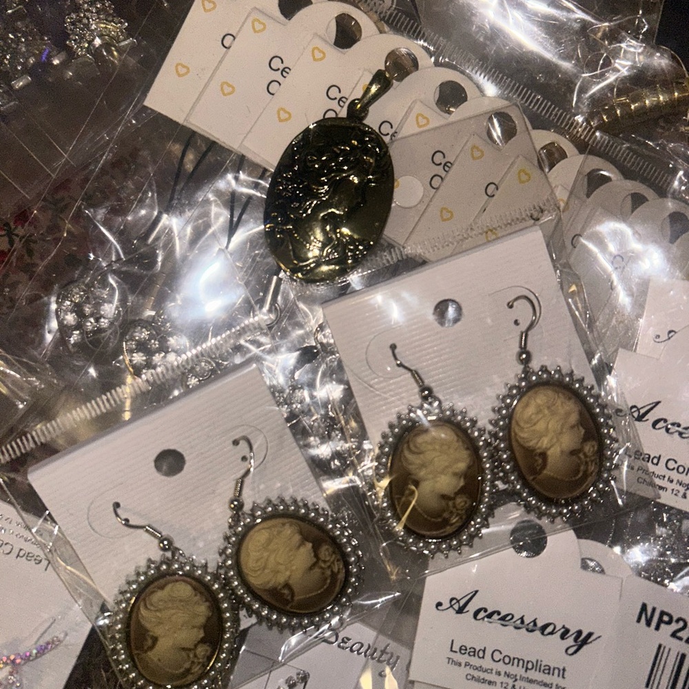 12- Pc Random Lot Elegant Cameo Earrings ,Pendant,Rings and more….